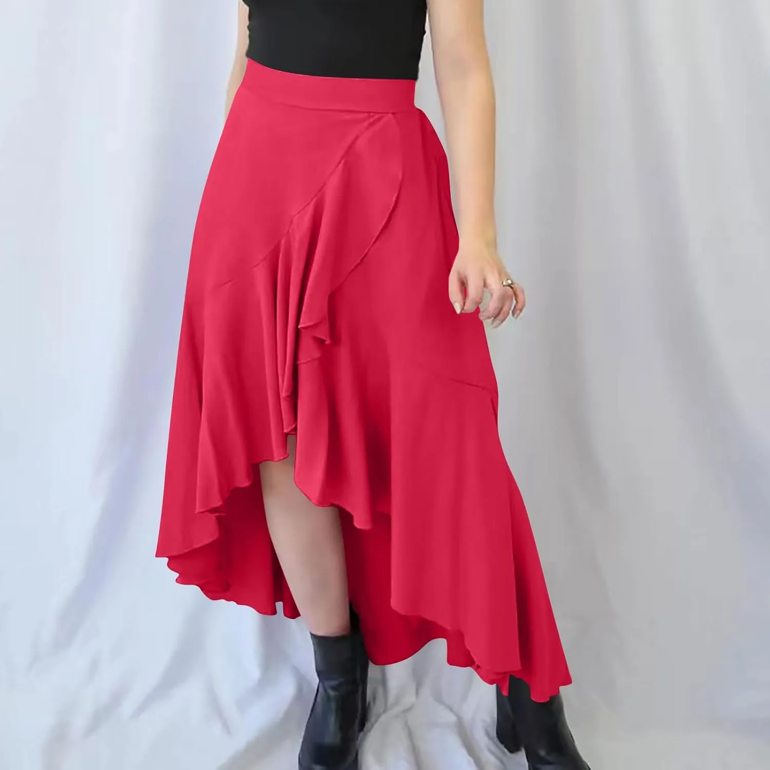 Western Skirts for Women Midi Ruffle Summer Skirt High Waisted Wrap Flowy Skirts High-Low A Line Gothic Skirts