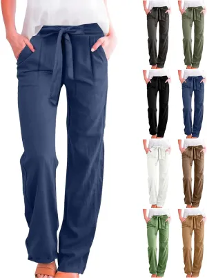Wide Leg Linen Pants for Women Baggy Lightweight Casual Pants High Waist Drawstring Palazzo Pants Trousers w/Pockets