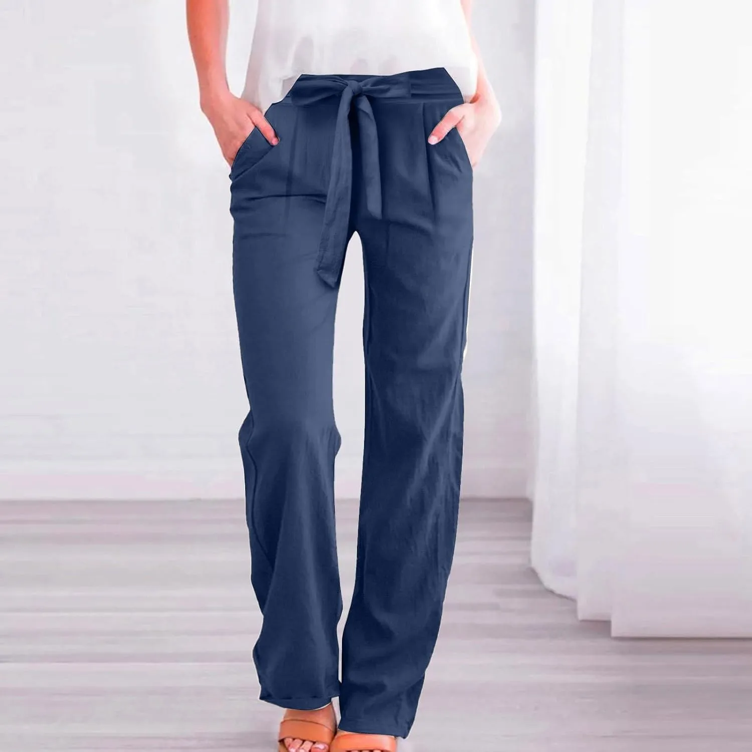 Wide Leg Linen Pants for Women Baggy Lightweight Casual Pants High Waist Drawstring Palazzo Pants Trousers w/Pockets