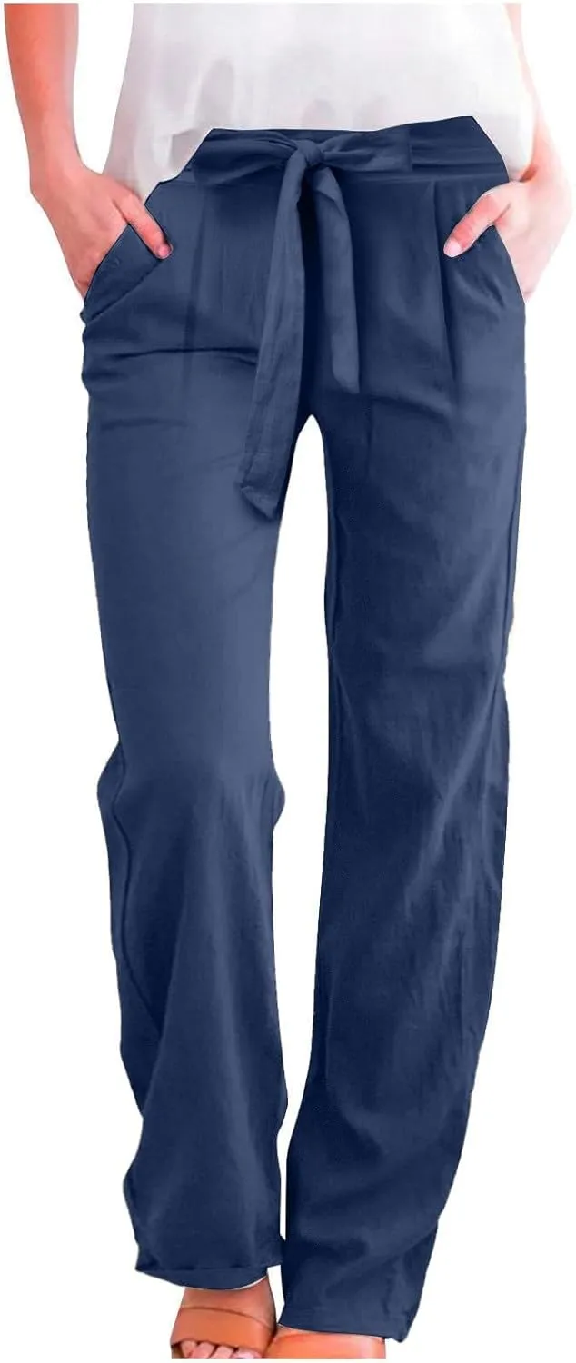 Wide Leg Linen Pants for Women Baggy Lightweight Casual Pants High Waist Drawstring Palazzo Pants Trousers w/Pockets