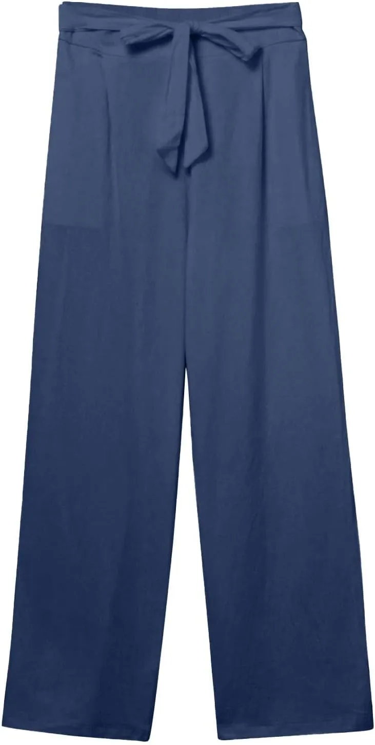 Wide Leg Linen Pants for Women Baggy Lightweight Casual Pants High Waist Drawstring Palazzo Pants Trousers w/Pockets