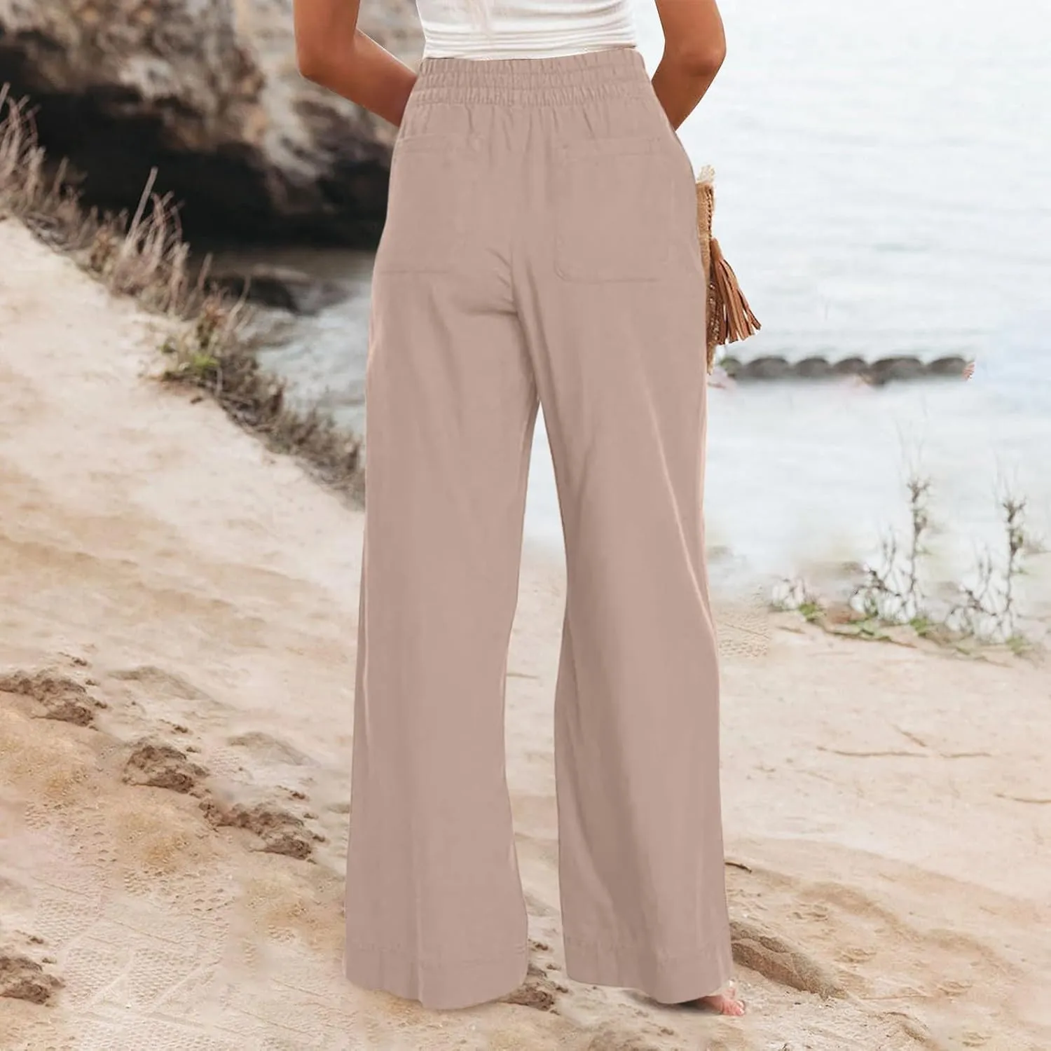 Wide Leg Linen Pants for Women Smocked Elastic High Waisted Palazzo Pants Summer Flowy Beach Trousers with Pockets