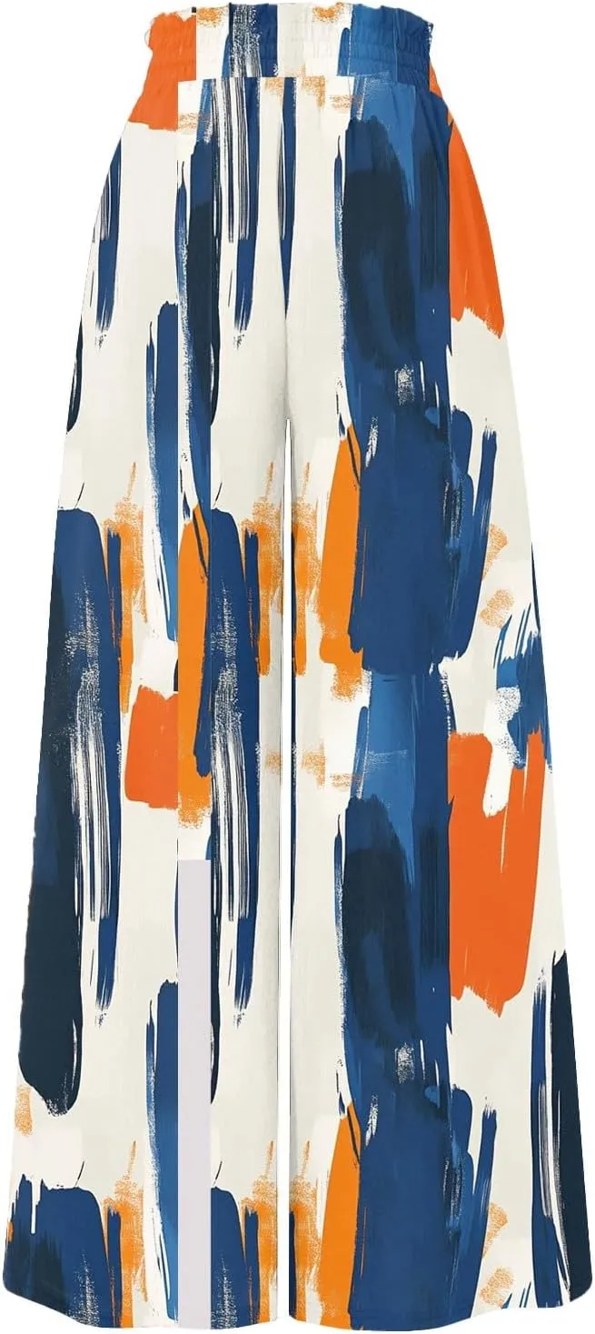 Wide Leg Palazzo Pants for Women Casual High Waist Trendy Summer Elastic Waist Pants Straight Leg with Pockets Clothes