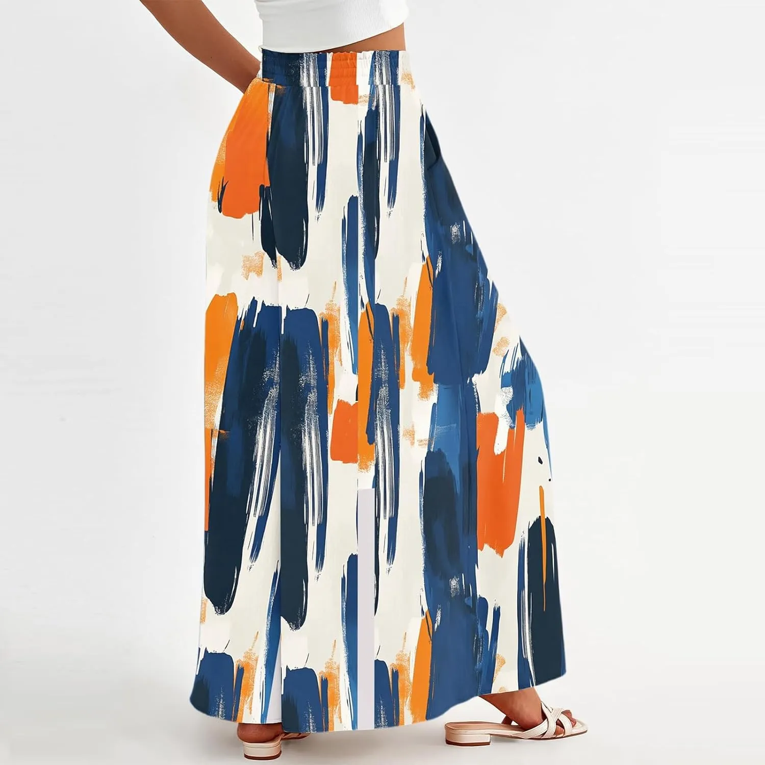 Wide Leg Palazzo Pants for Women Casual High Waist Trendy Summer Elastic Waist Pants Straight Leg with Pockets Clothes