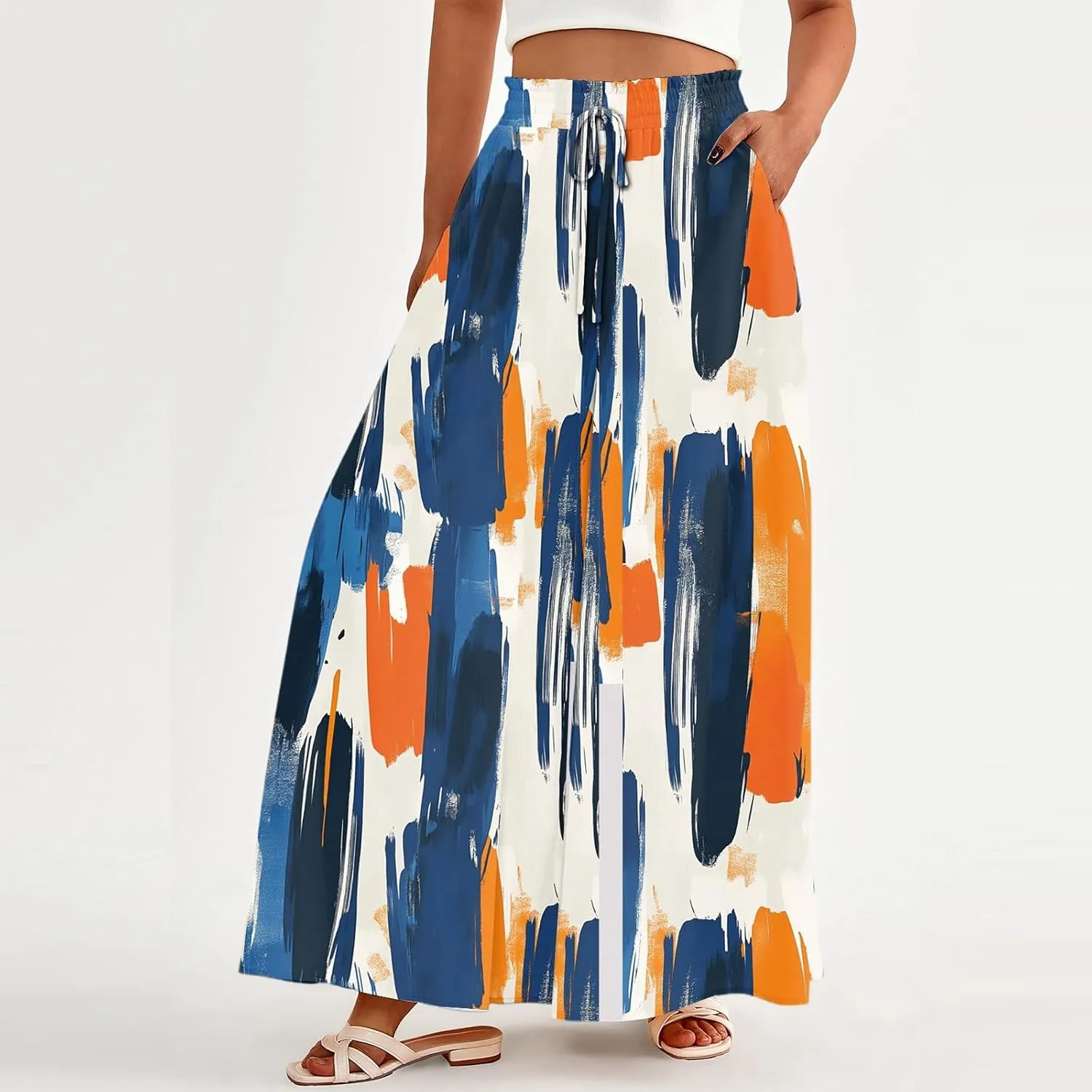Wide Leg Palazzo Pants for Women Casual High Waist Trendy Summer Elastic Waist Pants Straight Leg with Pockets Clothes