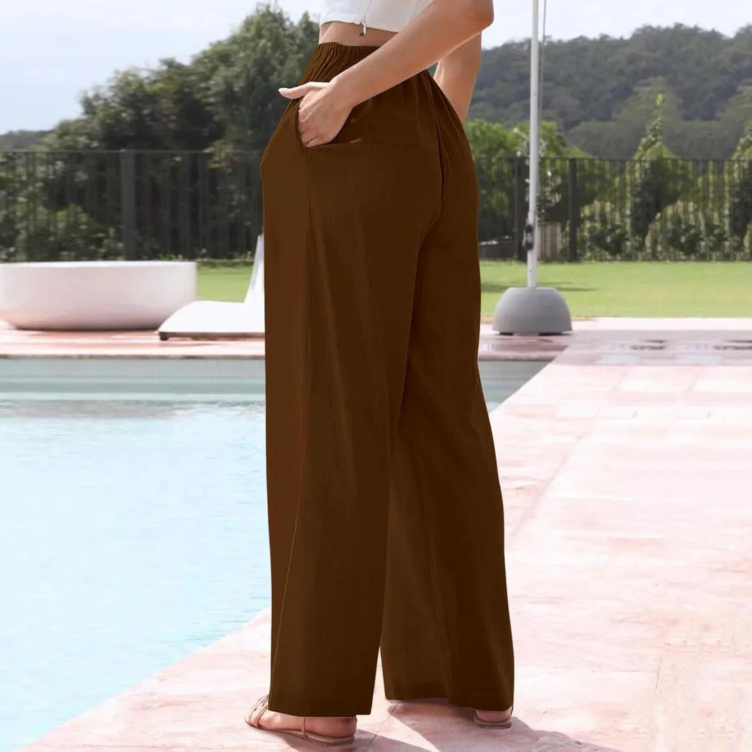 Wide Leg Pants for Women Dressy Casual Cotton Linen Summer Palazzo Pant Drawstring Flowy Beach Trousers with Pockets