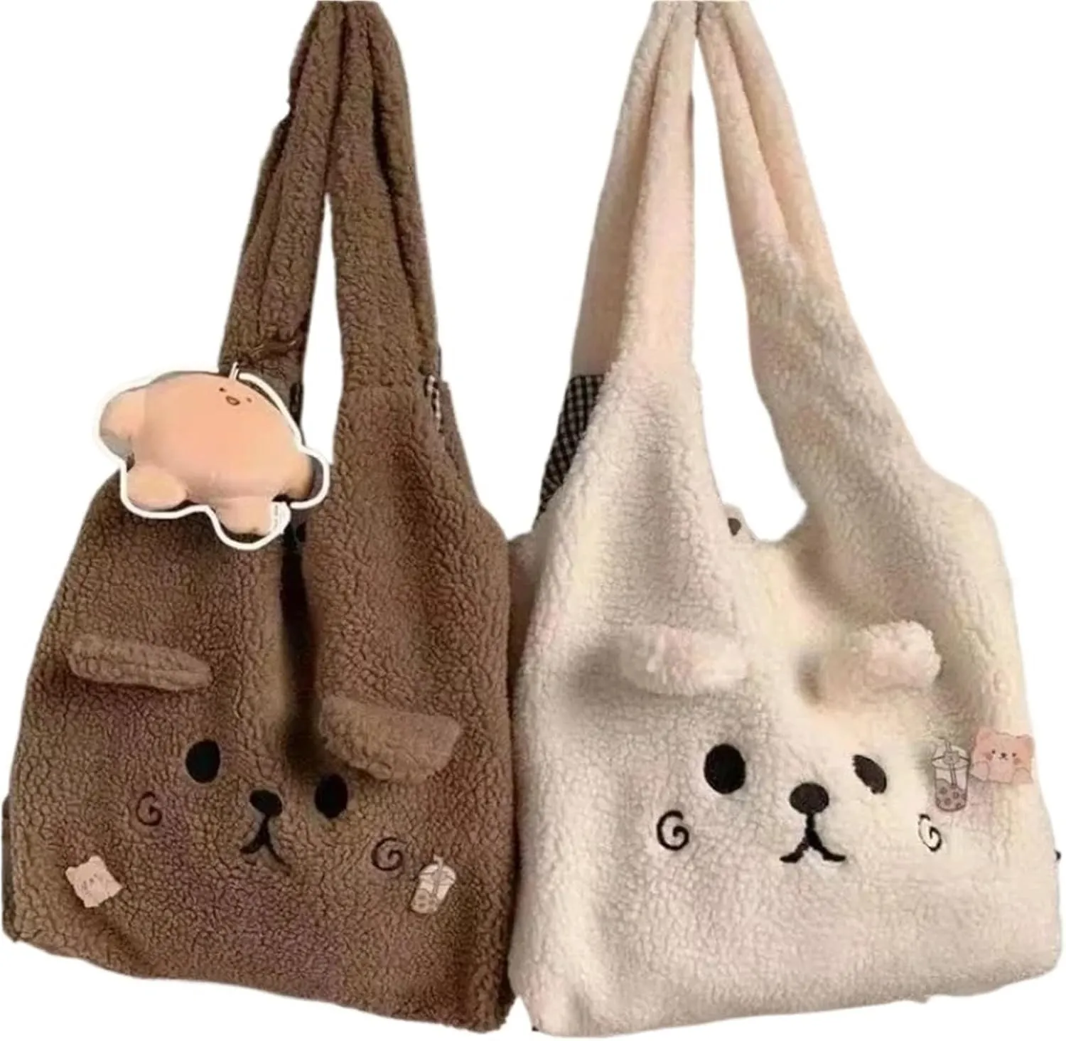 Winter Soft Plush Tote Bag Women Cartoon Embroidery Imitation Lamb Hair Shoulder Bag for Women Shopper