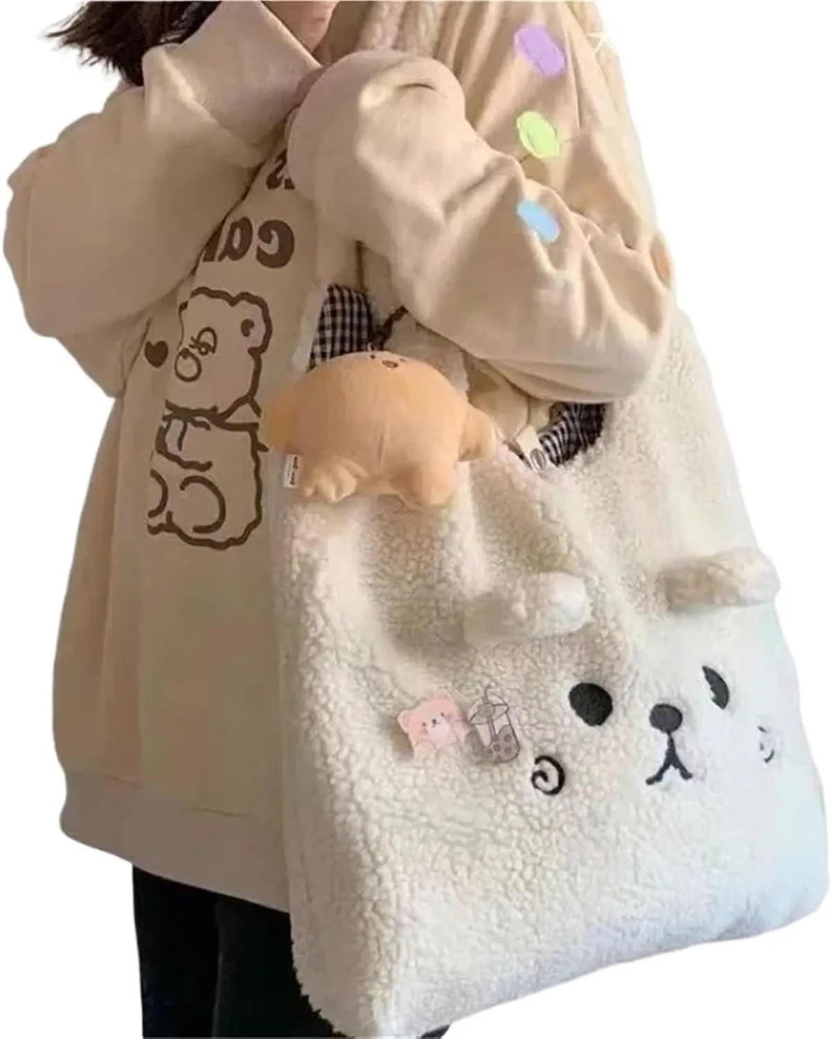 Winter Soft Plush Tote Bag Women Cartoon Embroidery Imitation Lamb Hair Shoulder Bag for Women Shopper