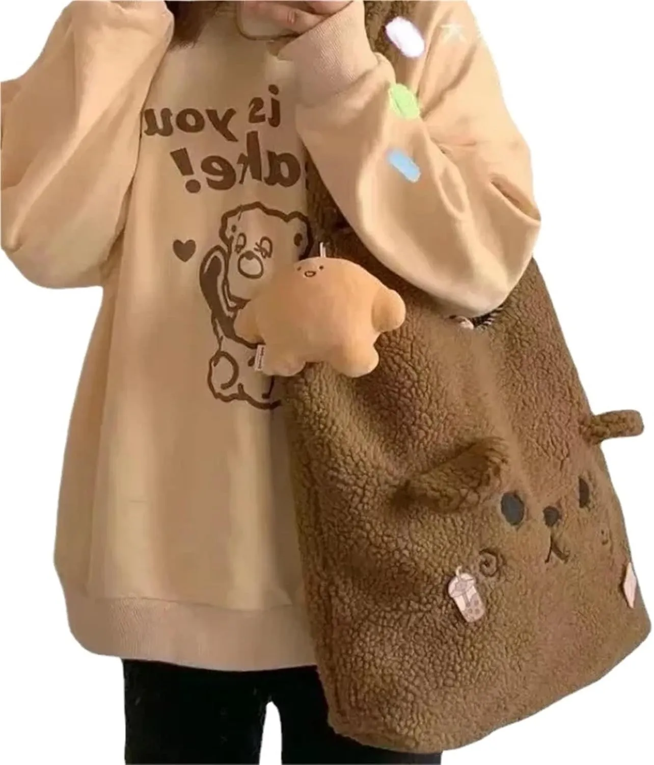 Winter Soft Plush Tote Bag Women Cartoon Embroidery Imitation Lamb Hair Shoulder Bag for Women Shopper
