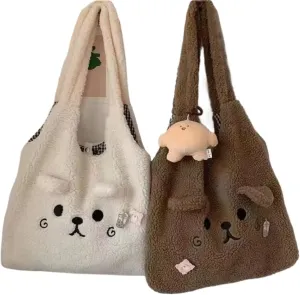 Winter Soft Plush Tote Bag Women Cartoon Embroidery Imitation Lamb Hair Shoulder Bag for Women Shopper