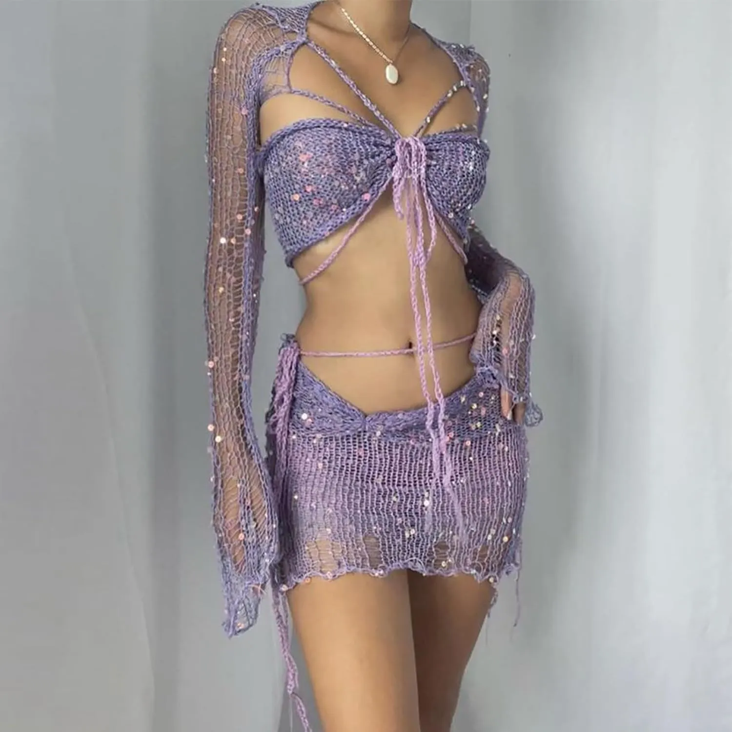 Women Beach Matching Top Skirts Swimwear Kimono Cover Up Sets for Women Swimwear Sets