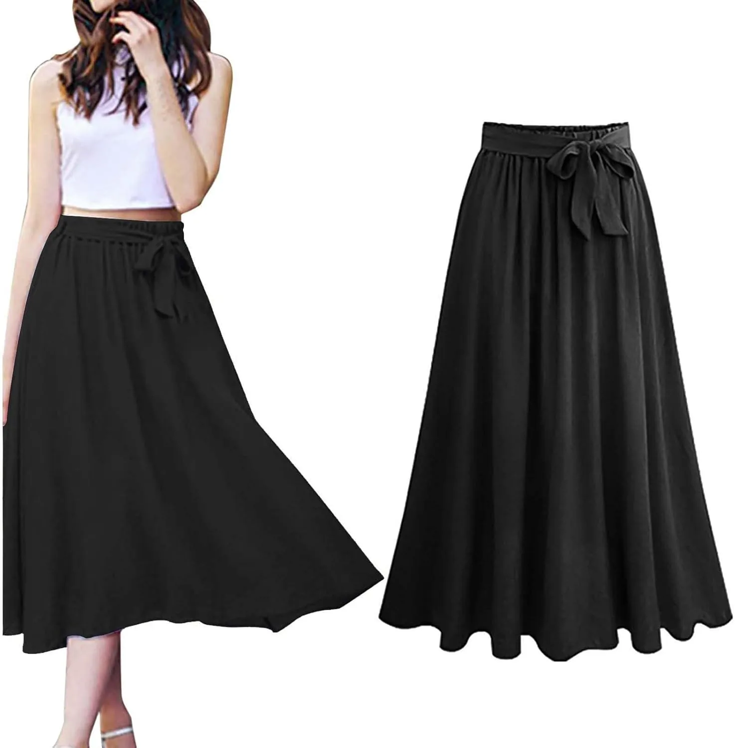 Women Boho Elastic Waist A Line Ruffle Beach Convertible Maxi Skirt Dress Tired Pleated Drawstring Long Skirts