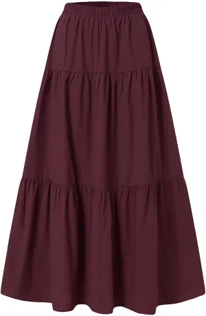 Women Boho Elastic Waist A Line Ruffle Beach Convertible Maxi Skirt Dress Tired Pleated Drawstring Long Skirts