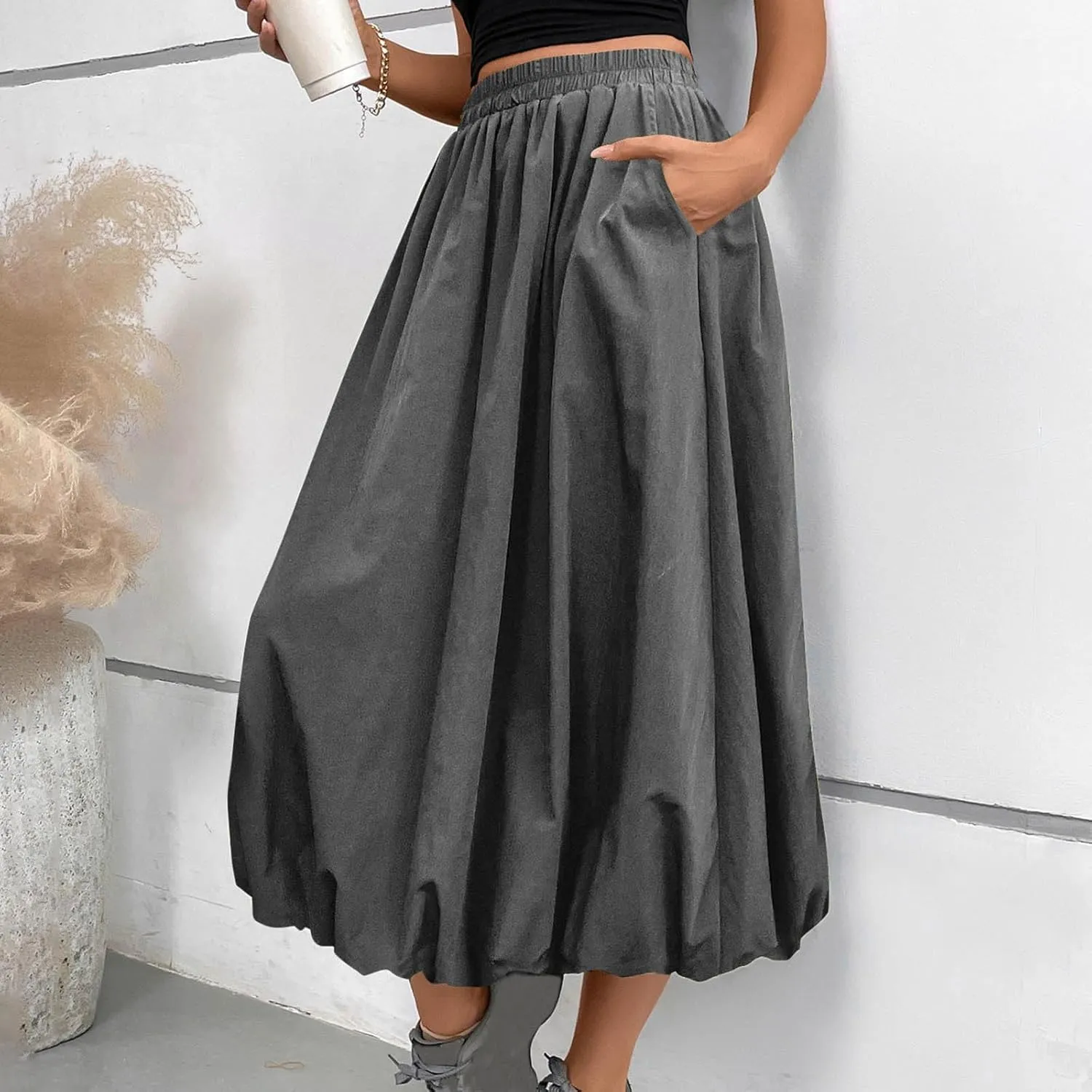 Women Casual Midi Skirts 2025 Summer Trendy Solid Color Elastic Waist Flowy A-Line Versatile Skirt with Pocket