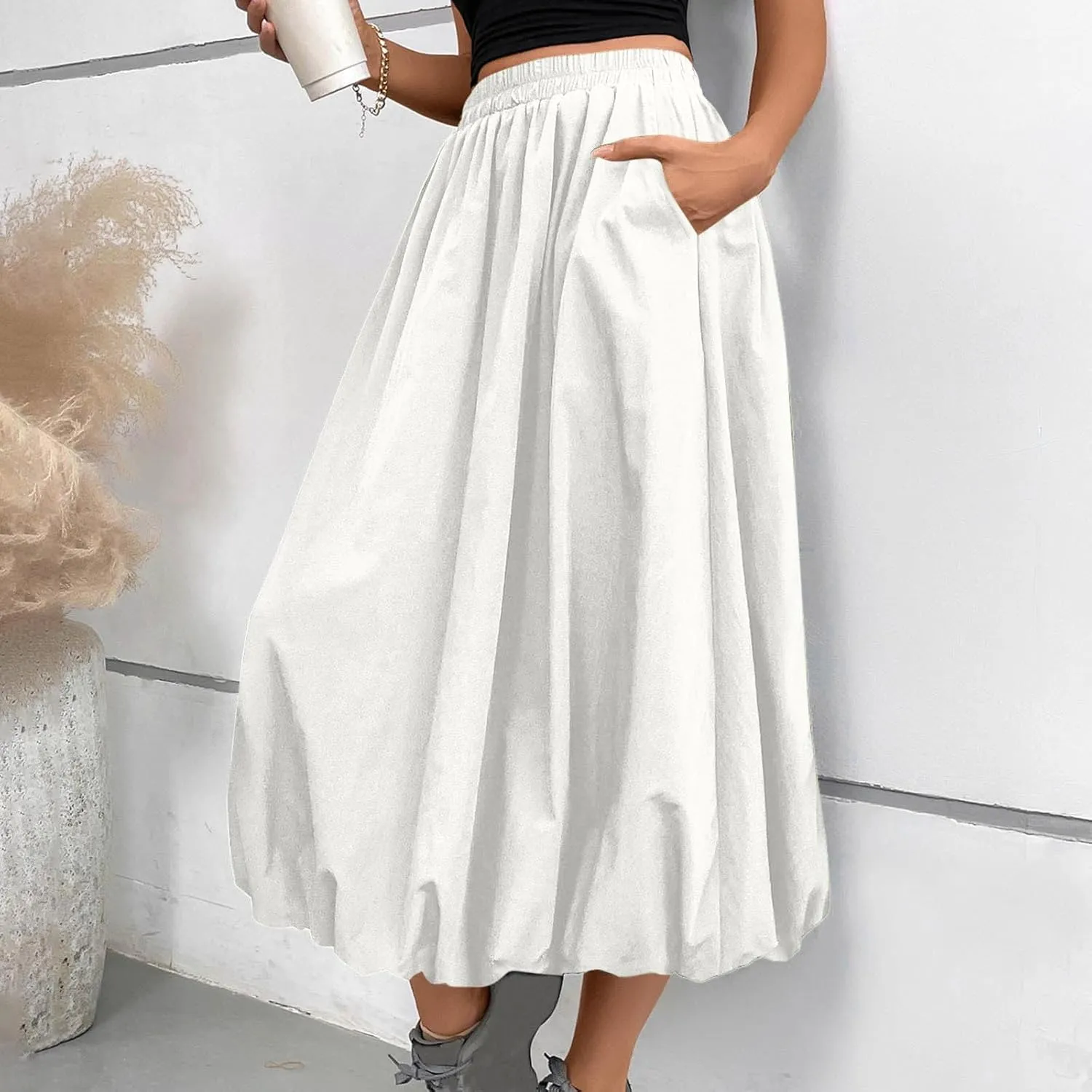 Women Casual Midi Skirts 2025 Summer Trendy Solid Color Elastic Waist Flowy A-Line Versatile Skirt with Pocket