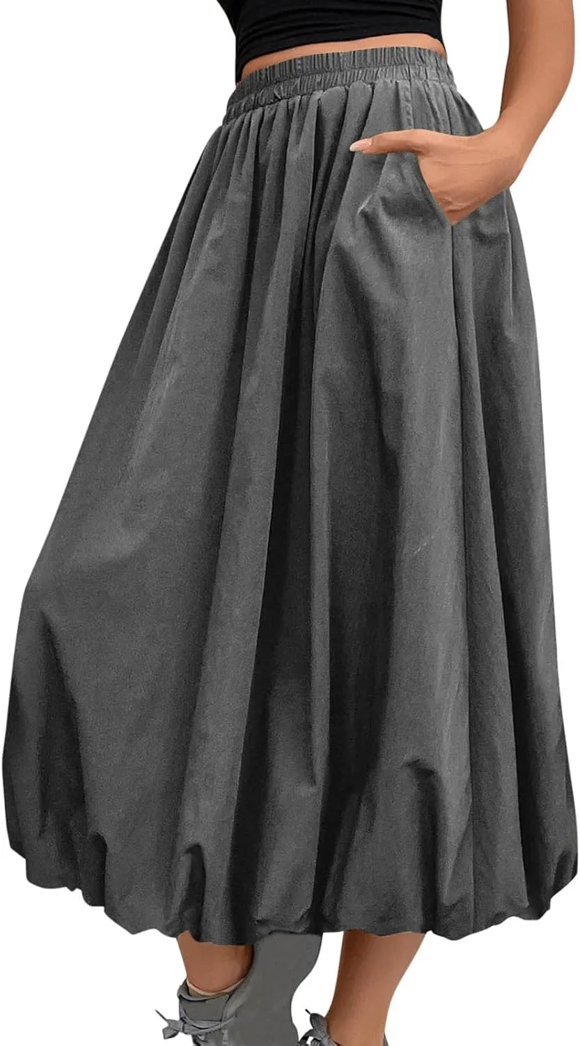 Women Casual Midi Skirts 2025 Summer Trendy Solid Color Elastic Waist Flowy A-Line Versatile Skirt with Pocket