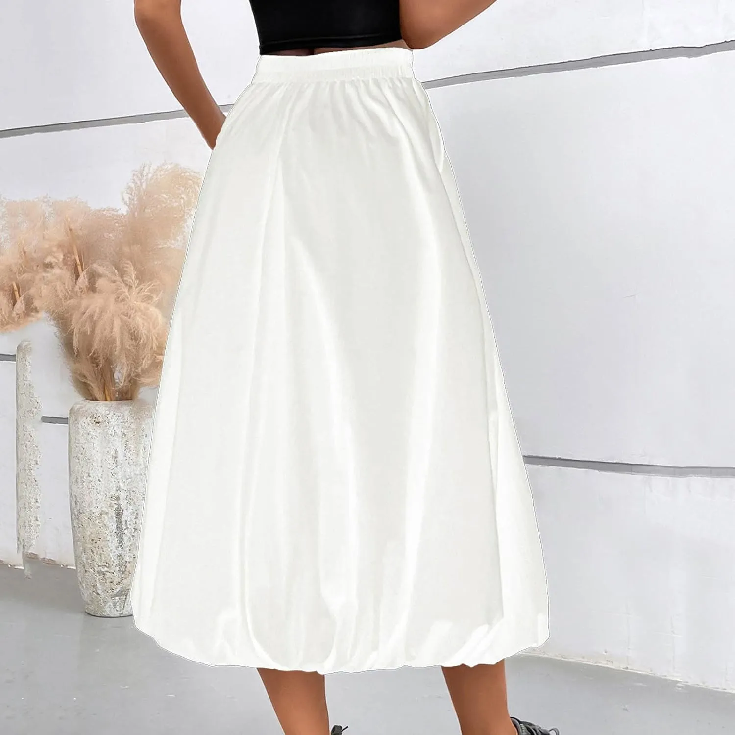 Women Casual Midi Skirts 2025 Summer Trendy Solid Color Elastic Waist Flowy A-Line Versatile Skirt with Pocket