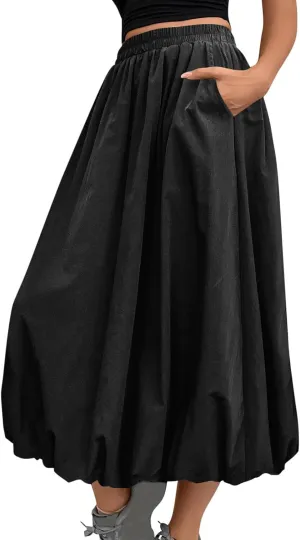 Women Casual Midi Skirts 2025 Summer Trendy Solid Color Elastic Waist Flowy A-Line Versatile Skirt with Pocket