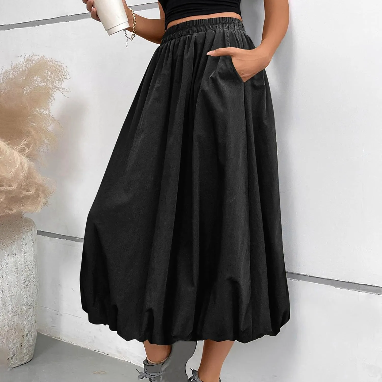 Women Casual Midi Skirts 2025 Summer Trendy Solid Color Elastic Waist Flowy A-Line Versatile Skirt with Pocket