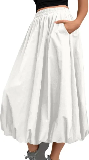 Women Casual Midi Skirts 2025 Summer Trendy Solid Color Elastic Waist Flowy A-Line Versatile Skirt with Pocket