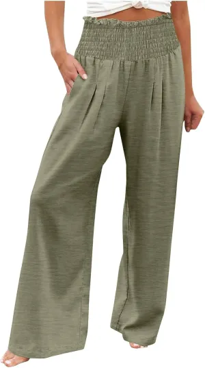 Women Cotton Gaucho Pants Loose Stretchy High Waist Trousers Summer Lightweight Baggy Slacks Solid Home Lounge Outfit