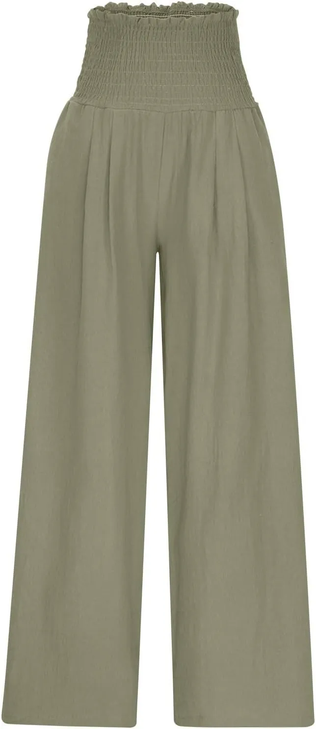 Women Cotton Gaucho Pants Loose Stretchy High Waist Trousers Summer Lightweight Baggy Slacks Solid Home Lounge Outfit