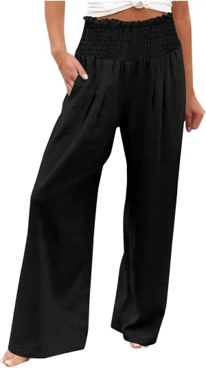 Women Cotton Gaucho Pants Loose Stretchy High Waist Trousers Summer Lightweight Baggy Slacks Solid Home Lounge Outfit