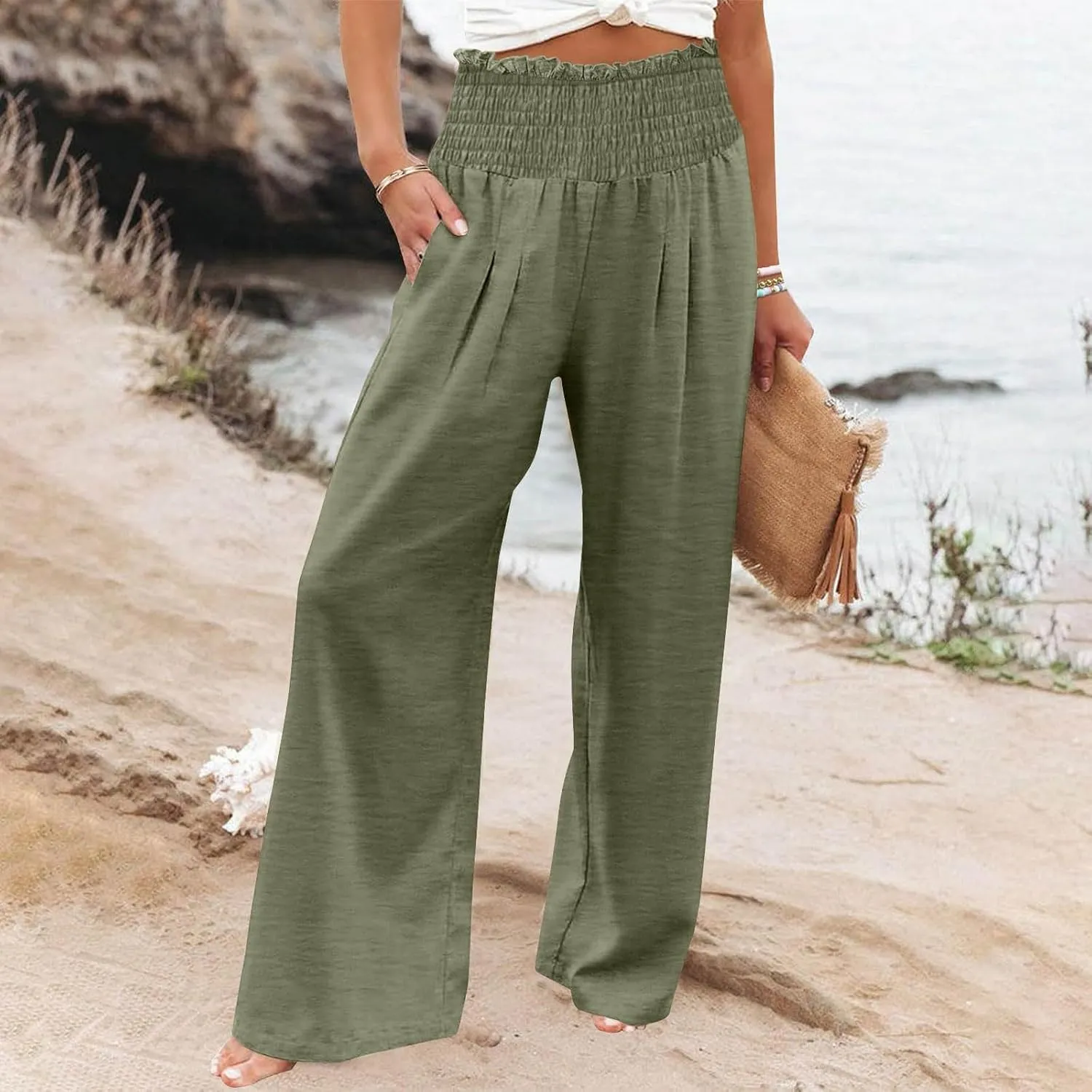 Women Cotton Gaucho Pants Loose Stretchy High Waist Trousers Summer Lightweight Baggy Slacks Solid Home Lounge Outfit