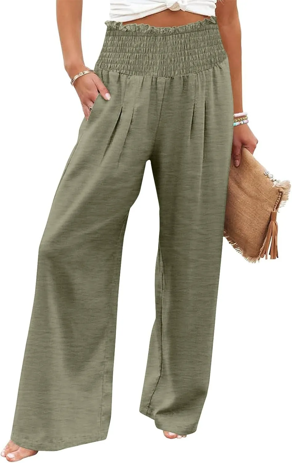 Women Cotton Gaucho Pants Loose Stretchy High Waist Trousers Summer Lightweight Baggy Slacks Solid Home Lounge Outfit