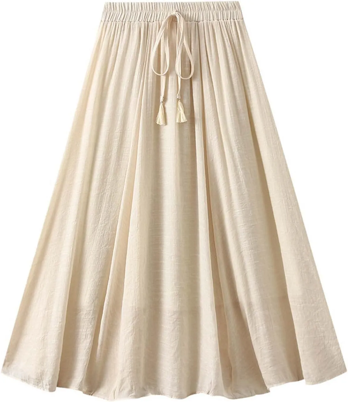 Women Cotton Linen Skirt Solid Elastic Waisted Pleated Long Skirt Summer Casual Flowy Beach Holiday Bohemian Skirts