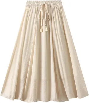 Women Cotton Linen Skirt Solid Elastic Waisted Pleated Long Skirt Summer Casual Flowy Beach Holiday Bohemian Skirts