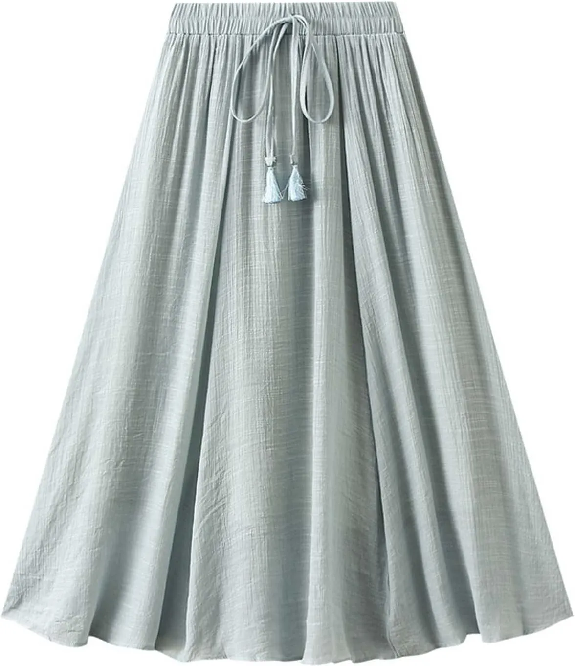 Women Cotton Linen Skirt Solid Elastic Waisted Pleated Long Skirt Summer Casual Flowy Beach Holiday Bohemian Skirts