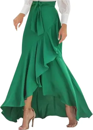 Women Maxi Skirts Flowy Asymmetrical Hem High Waisted Ruffle Tie-up Elastic Irregular Fishtail Long Skirt with Belt