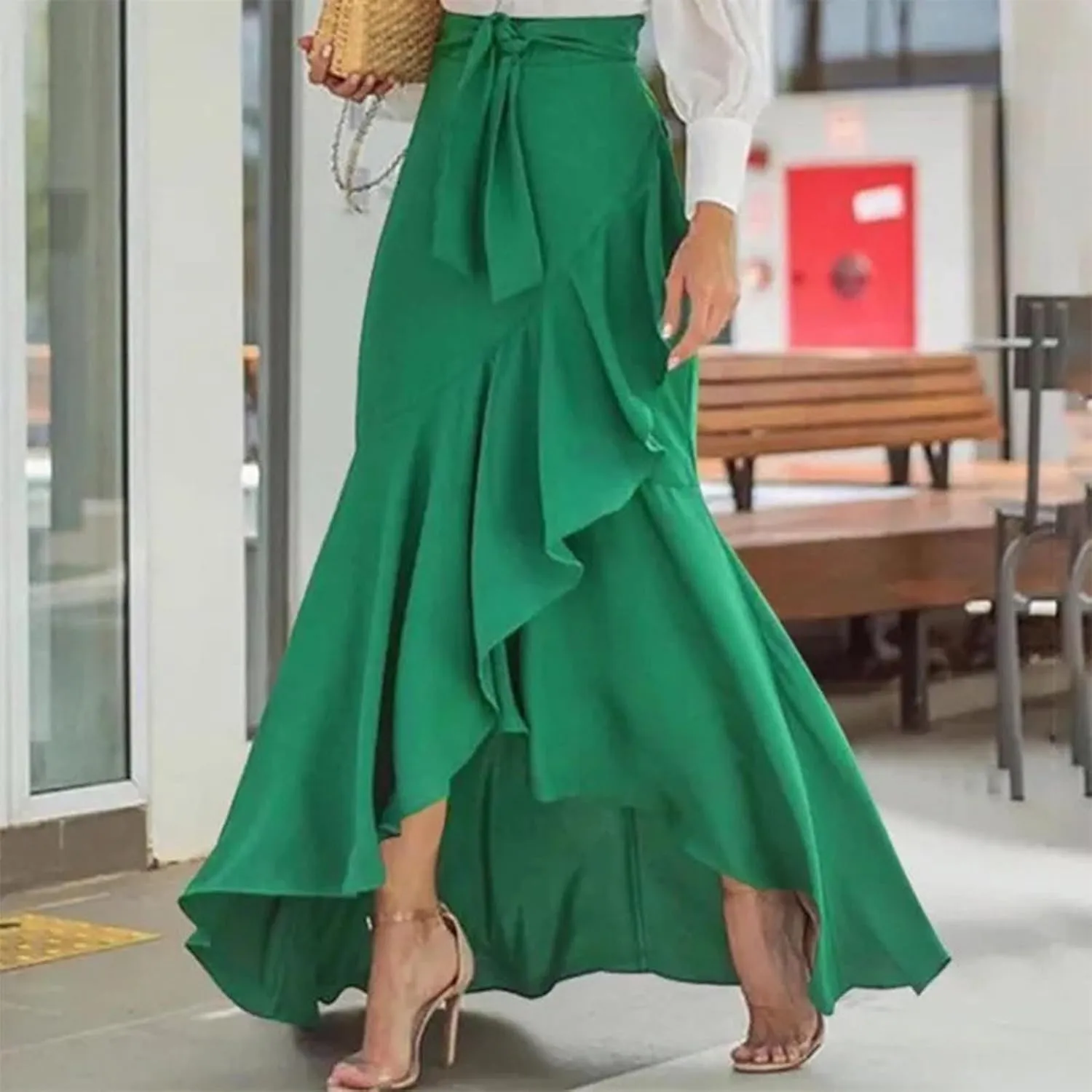 Women Maxi Skirts Flowy Asymmetrical Hem High Waisted Ruffle Tie-up Elastic Irregular Fishtail Long Skirt with Belt