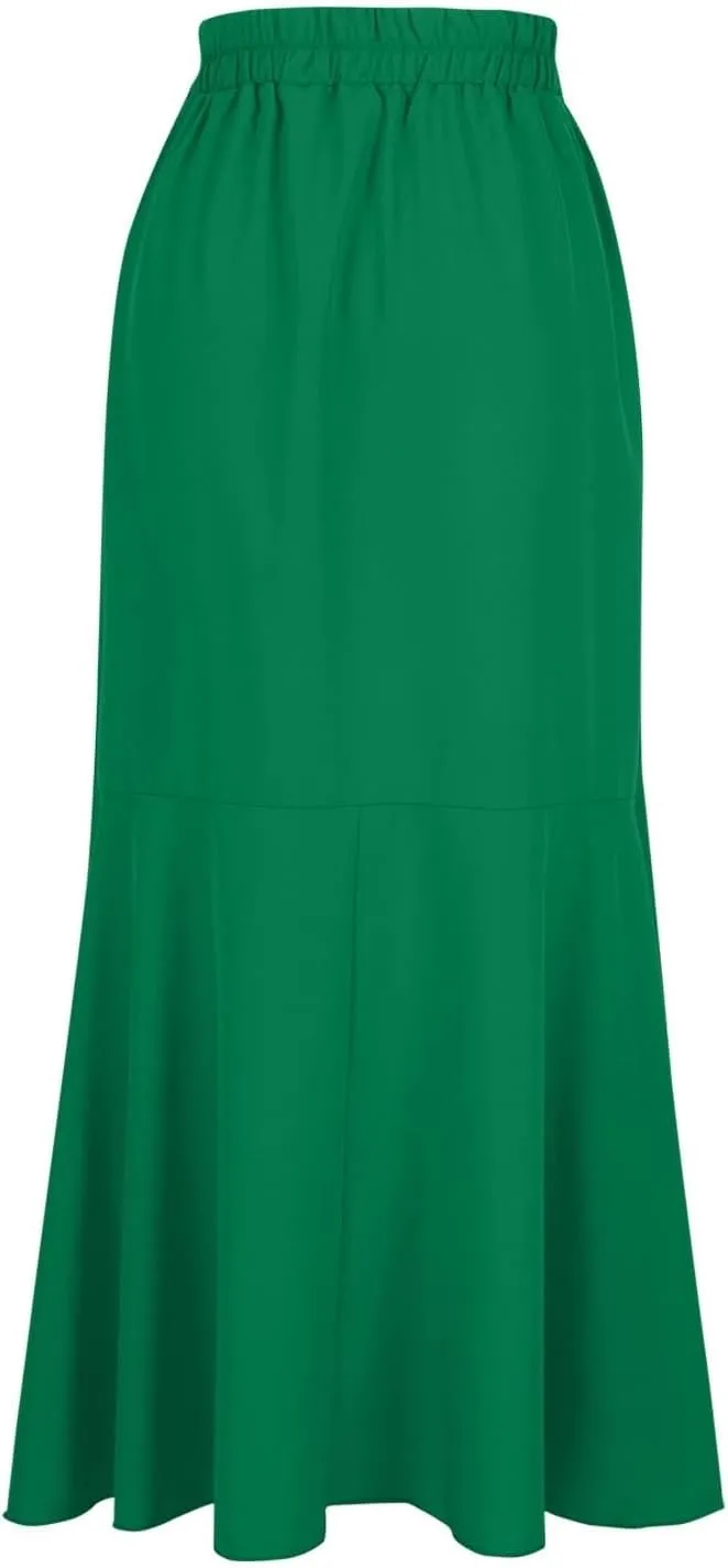 Women Maxi Skirts Flowy Asymmetrical Hem High Waisted Ruffle Tie-up Elastic Irregular Fishtail Long Skirt with Belt