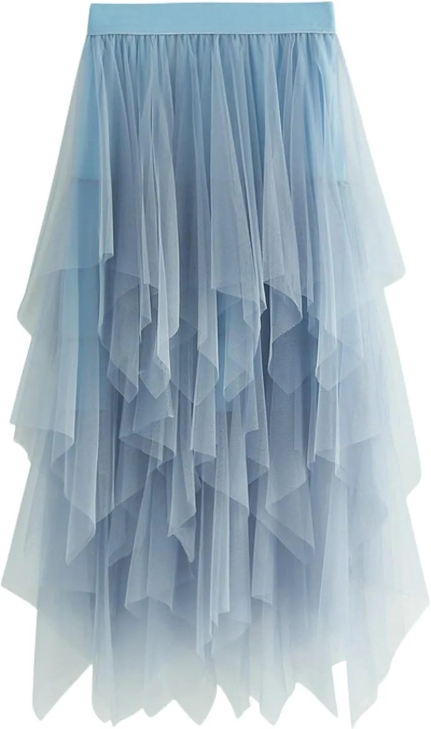 Women Mesh Tutu Skirt Layered Tulle Elastic High Waist Skirt High Low Irregular Hem Pleated A-line Midi Skirt