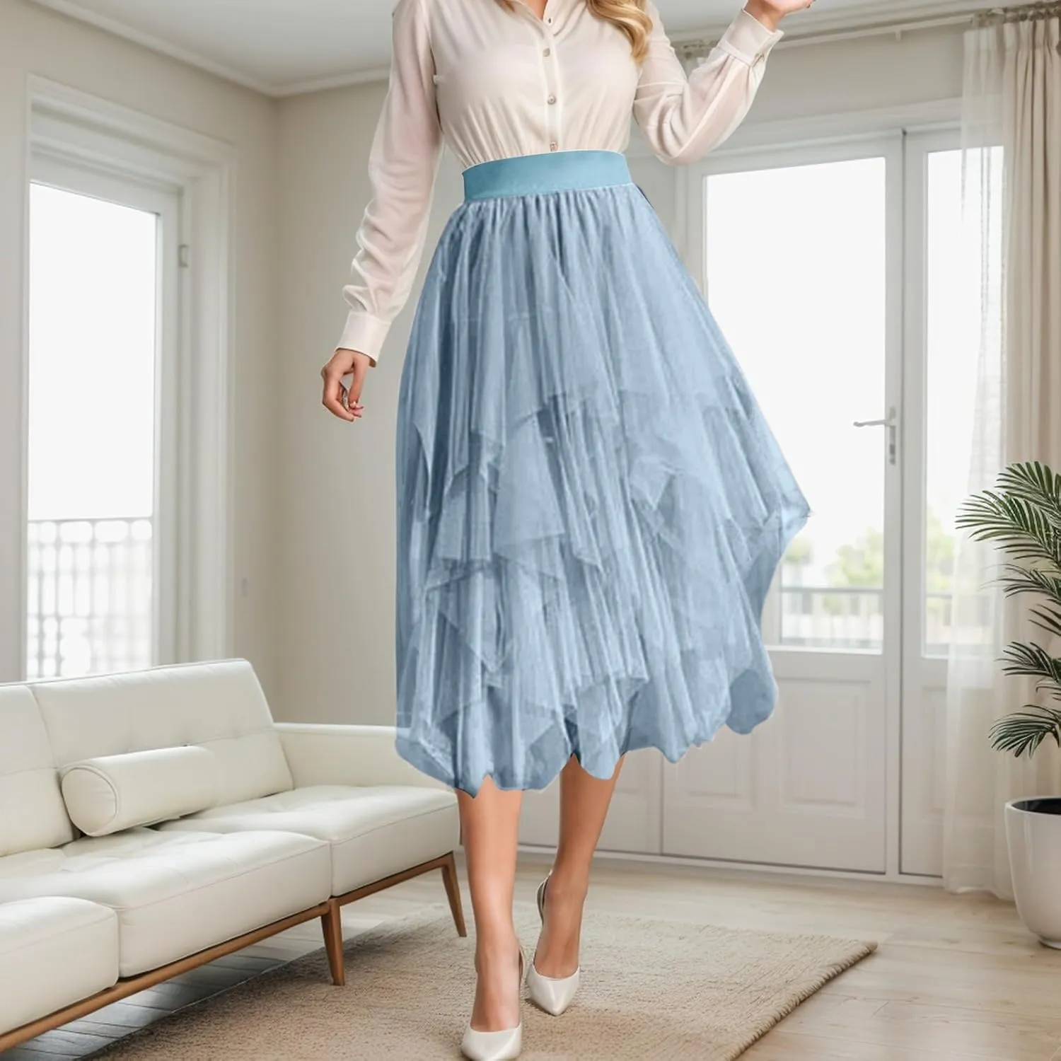 Women Mesh Tutu Skirt Layered Tulle Elastic High Waist Skirt High Low Irregular Hem Pleated A-line Midi Skirt