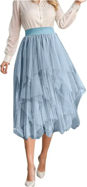 Women Mesh Tutu Skirt Layered Tulle Elastic High Waist Skirt High Low Irregular Hem Pleated A-line Midi Skirt
