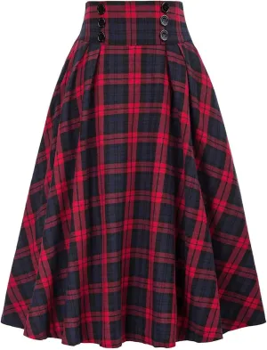 Women Midi Skirt Skirts Women Fashion Casual Plaid SkirtWith Pockets Vintage High Waist Pleated Skirt Tulle Skirt
