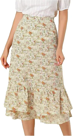 Women Midi Skirt Summer Floral Flowy Long Skirts Boho Elastic High Waist A-Line Swing Skirts Beach Vacation Dress