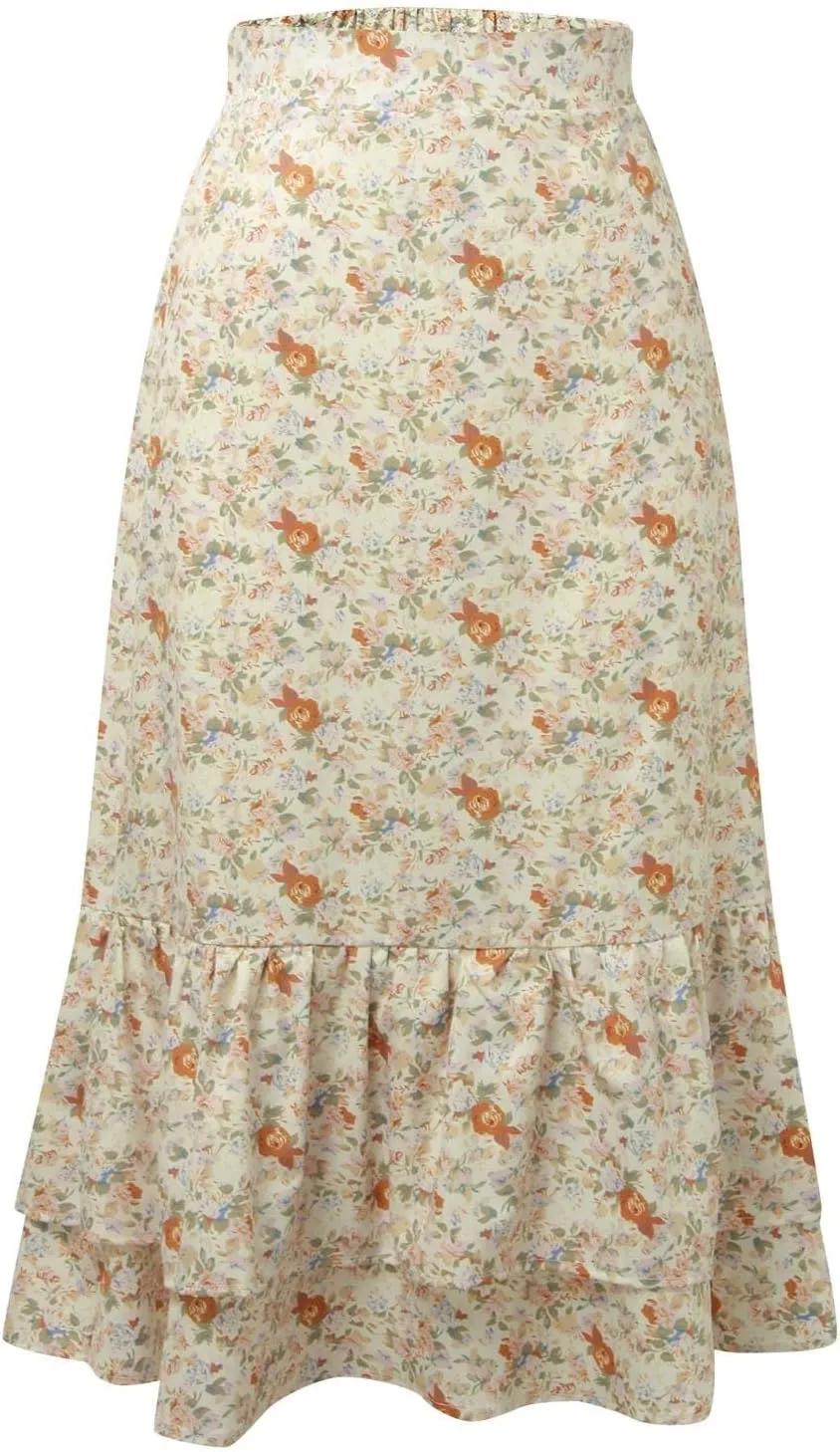 Women Midi Skirt Summer Floral Flowy Long Skirts Boho Elastic High Waist A-Line Swing Skirts Beach Vacation Dress