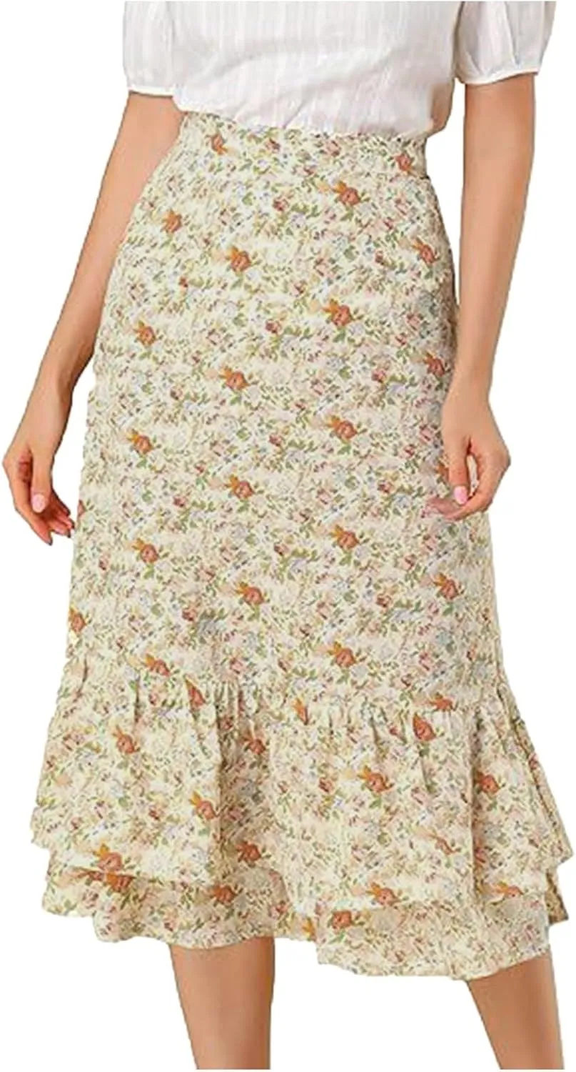 Women Midi Skirt Summer Floral Flowy Long Skirts Boho Elastic High Waist A-Line Swing Skirts Beach Vacation Dress