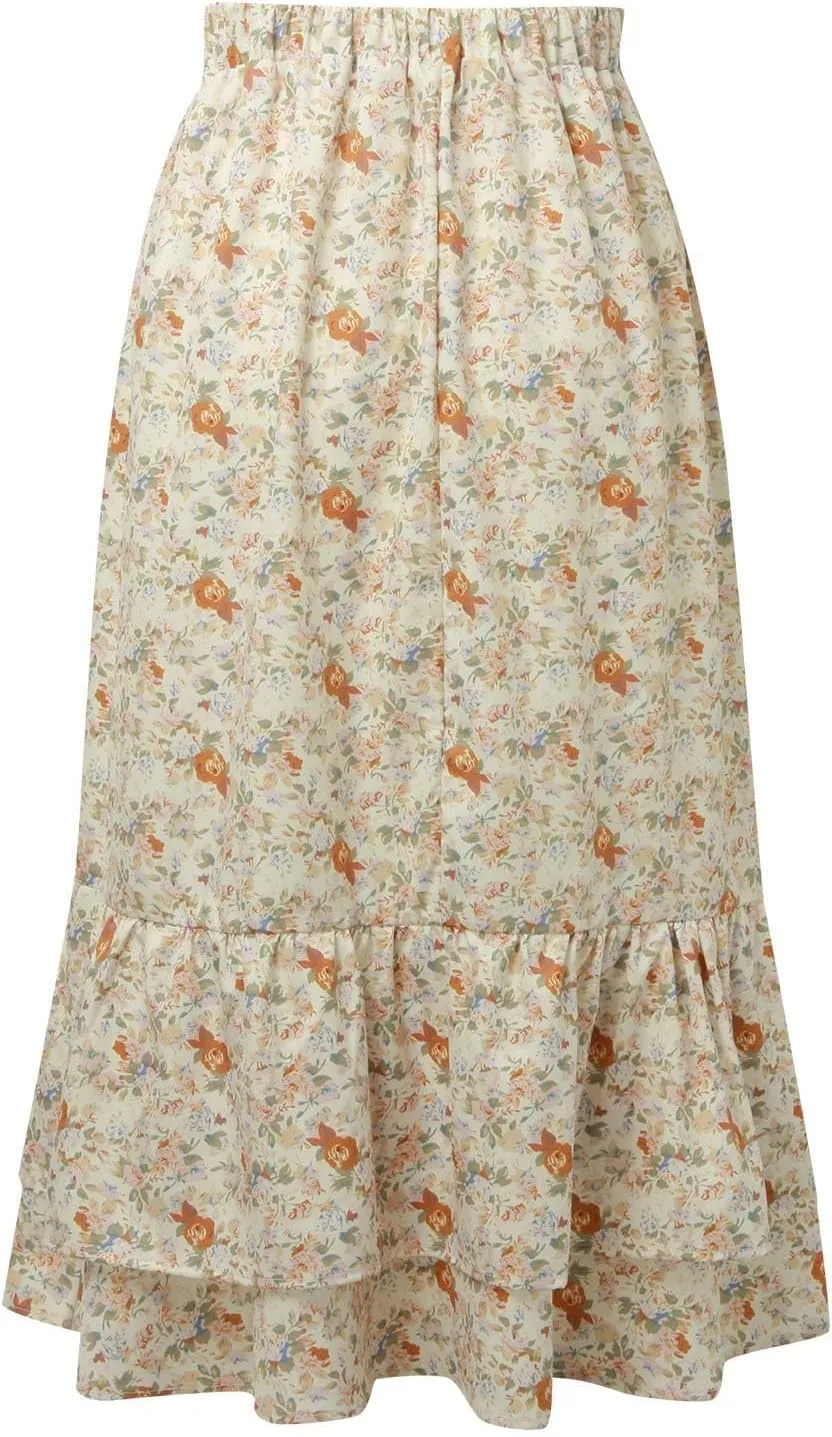 Women Midi Skirt Summer Floral Flowy Long Skirts Boho Elastic High Waist A-Line Swing Skirts Beach Vacation Dress