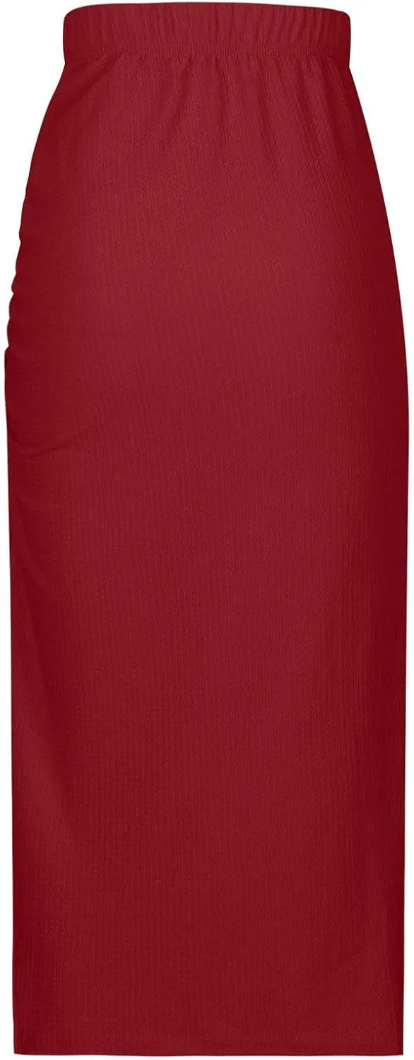 Women Pencil Midi Skirt Solid High Waisted Ruched Split Thigh Slit Skirts Casual Fashion Sexy Formal Bodycon Skorts