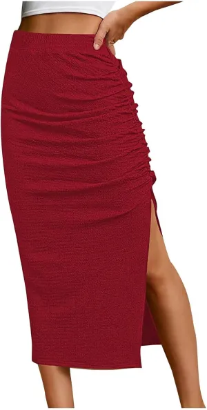Women Pencil Midi Skirt Solid High Waisted Ruched Split Thigh Slit Skirts Casual Fashion Sexy Formal Bodycon Skorts