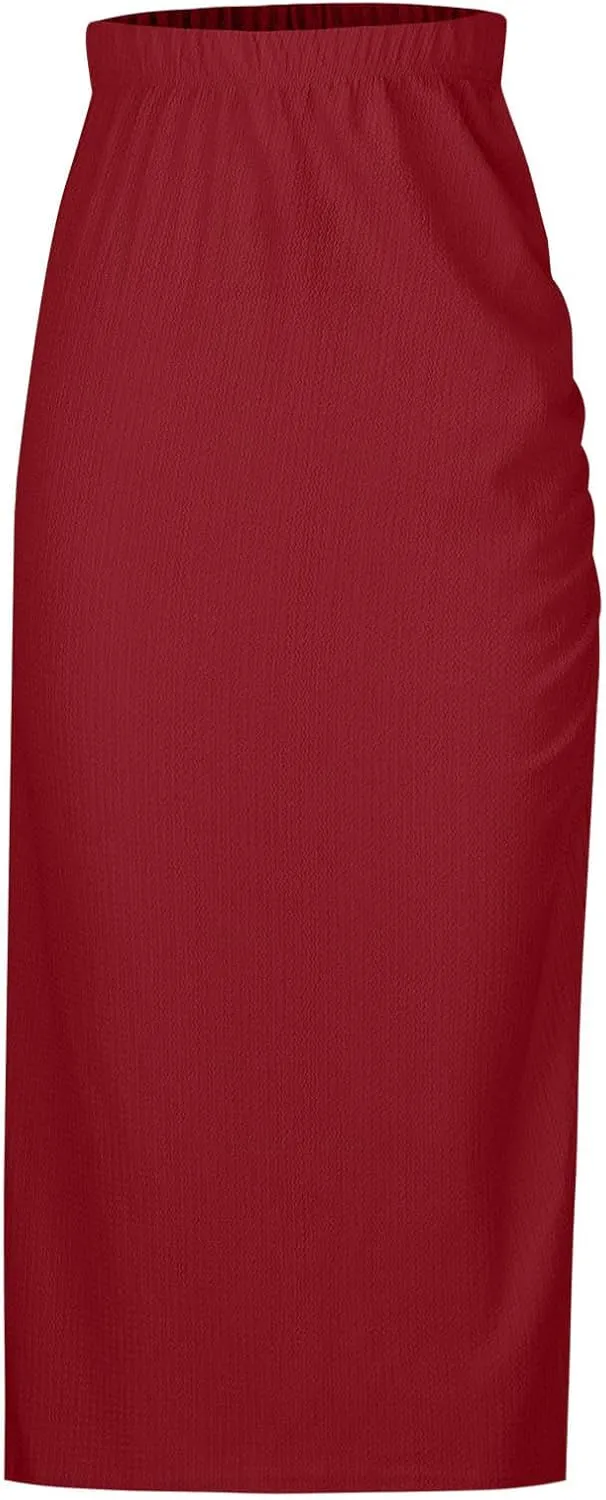 Women Pencil Midi Skirt Solid High Waisted Ruched Split Thigh Slit Skirts Casual Fashion Sexy Formal Bodycon Skorts