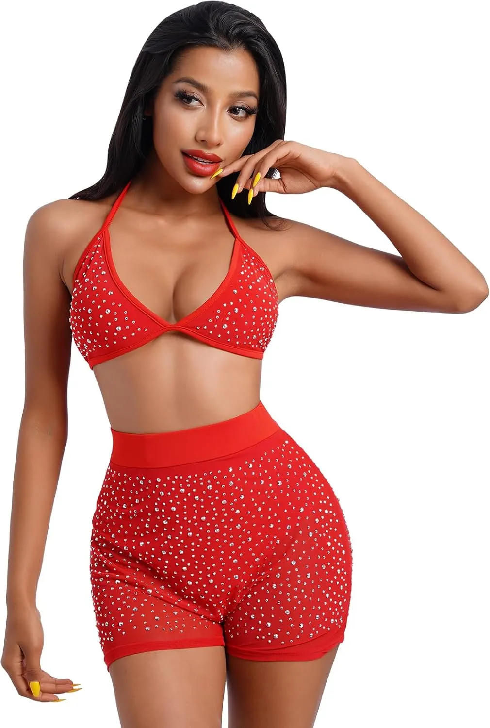 Women Sparkle Rhinestone Mesh Sheer Bikini Sets Halter Bra Top High Waist Shorts Bottom Swimsuits Rave Outfit