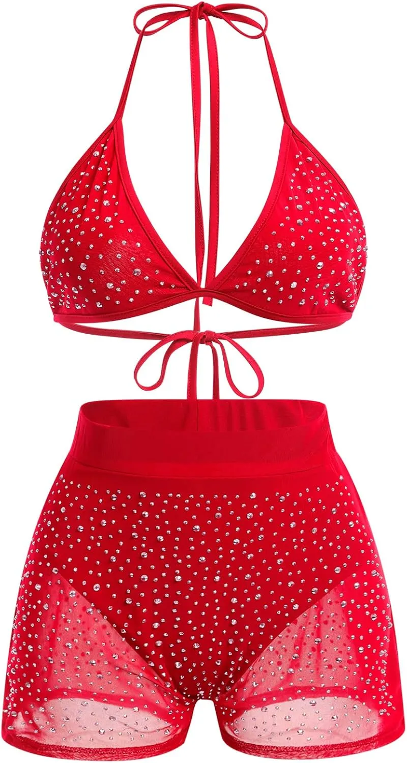 Women Sparkle Rhinestone Mesh Sheer Bikini Sets Halter Bra Top High Waist Shorts Bottom Swimsuits Rave Outfit