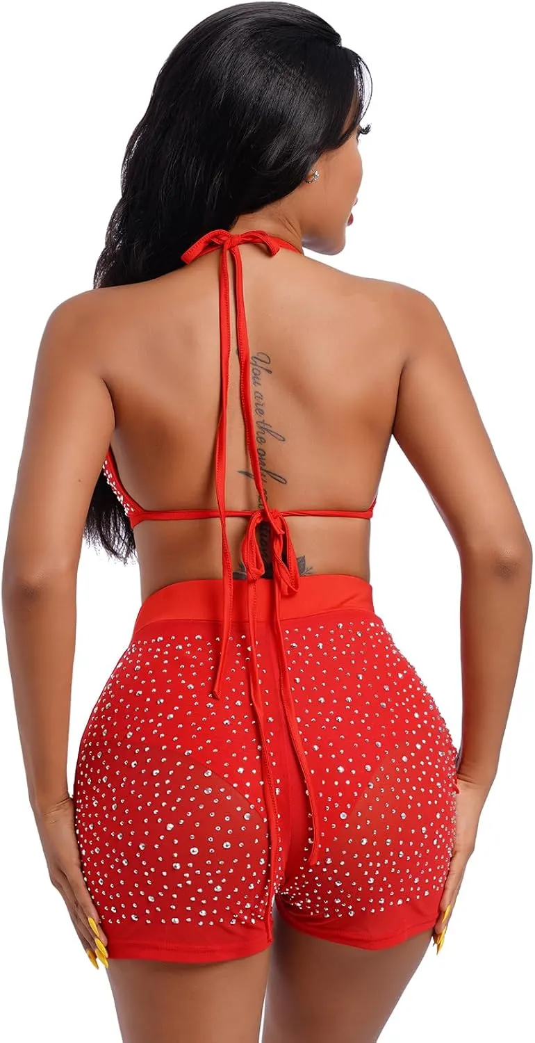 Women Sparkle Rhinestone Mesh Sheer Bikini Sets Halter Bra Top High Waist Shorts Bottom Swimsuits Rave Outfit