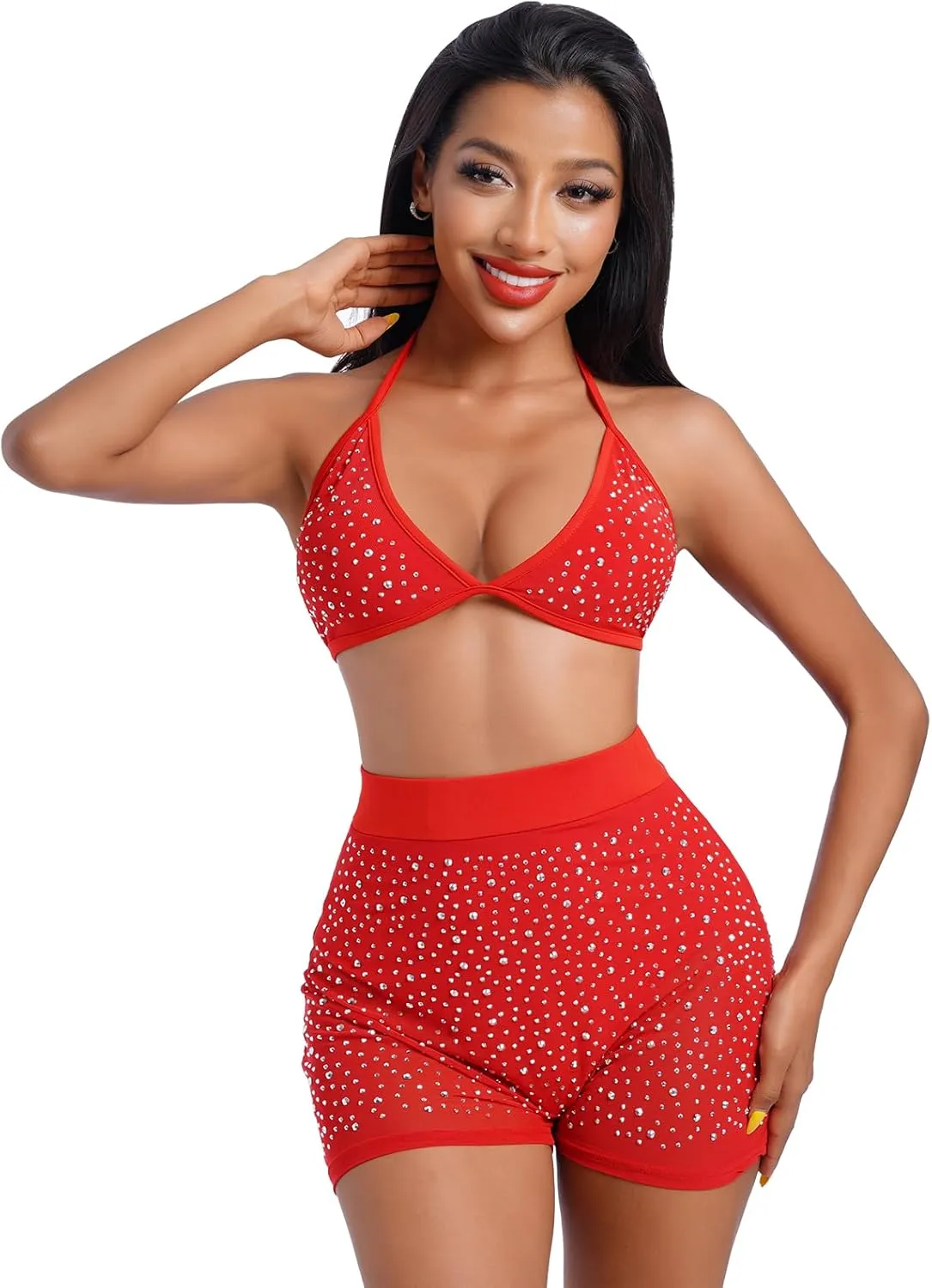 Women Sparkle Rhinestone Mesh Sheer Bikini Sets Halter Bra Top High Waist Shorts Bottom Swimsuits Rave Outfit